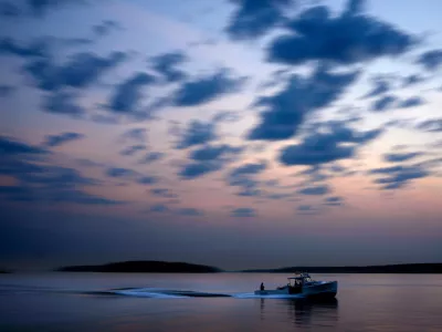 FILE - A lobster fishing boat motors out to sea under the dawn sky, Aug. 14, 2024, on Casco Bay in South Portland, Maine. (AP Photo/Robert F. Bukaty, File)