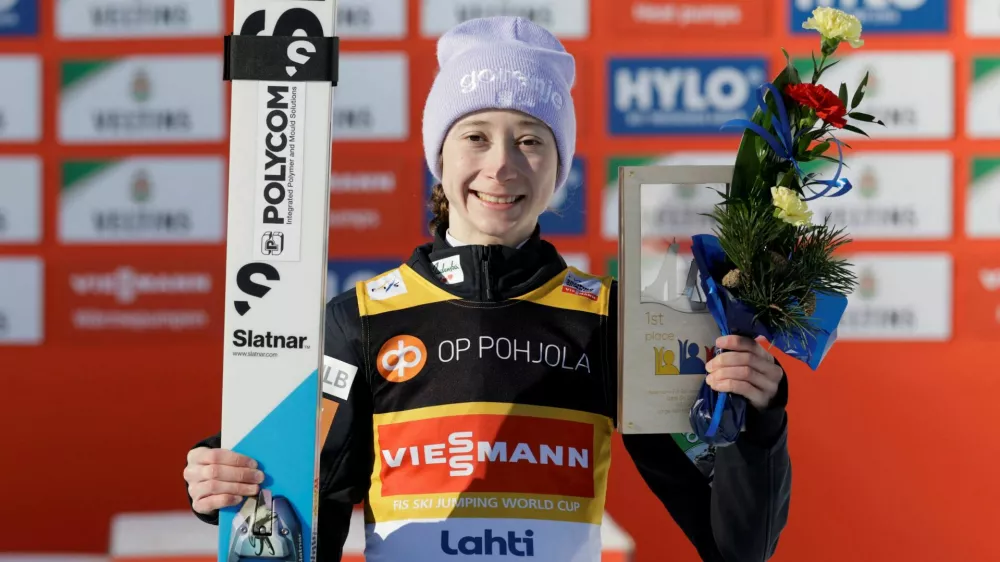 Ski Jumping - FIS Ski Jumping World Cup - Lahti, Finland - March 6, 2026 Slovenia's Nika Prevc celebrates after winning the women's HS130 Individual Petri Korteniemi/Lehtikuva via REUTERS ATTENTION EDITORS - THIS IMAGE WAS PROVIDED BY A THIRD PARTY. NO THIRD PARTY SALES. NOT FOR USE BY REUTERS THIRD PARTY DISTRIBUTORS. FINLAND OUT. NO COMMERCIAL OR EDITORIAL SALES IN FINLAND.
