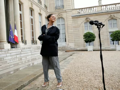 Singer Rihanna, founder of the Clara Lionel Foundation (CLF), delivers a speech after a meeting with the French President at the Elysee Palace in Paris, France, July 26, 2017. REUTERS/Benoit Tessier
