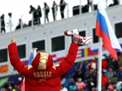 Milano Cortina 2026 Paralympics - Para Alpine Skiing - Women's Super-G Standing Victory Ceremony - Tofane Alpine Skiing Centre, Belluno, Italy - March 09, 2026. Gold medallist Varvara Voronchikhina of Russia celebrates on the podium during the women's super-g standing victory ceremony REUTERS/Lisi Niesner