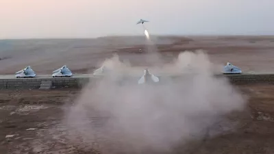 December 5, 2025, Strait Of Hormuz, Persian Gulf, Iran: An Islamic Revolutionary Guard Corps (IRGC) missile launches during a military drill off Iranâ€™s southern coast. The IRGC Navy has launched a two-day exercise spanning the Persian Gulf, the Strait of Hormuz, and the Sea of Oman, showcasing its operational capabilities, including newly deployed domestically produced air-defense systems as well as missile and drone units. (Credit Image: © Sepahnews via ZUMA Press Wire)