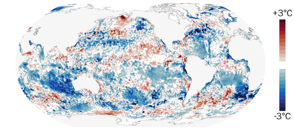 Anomalije v temperaturi morja marca leta 1982 / Foto: Noaa