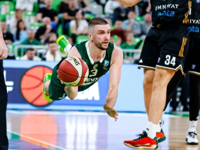 Rok Radović in action during ABA League 2025/2026 basketball match between Cedevita Olimpija (SLO) and Dubai (UAE) in Stozice, Ljubljana, Slovenia on March 8, 2026
