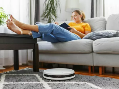 Robotic vacuum cleaner cleaning a room while a woman relaxing, reading book on the sofa. Innovative technologies for cleaning