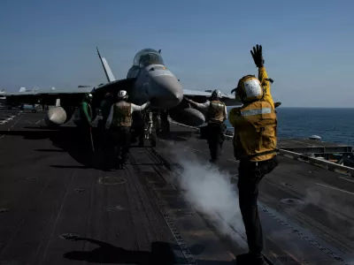 An EA-18G Growler prepares to launch from the flight deck of the U.S. Navy Nimitz-class aircraft carrier USS Abraham Lincoln in support of the Operation Epic Fury attack on Iran from an undisclosed location March 7, 2026. U.S. Navy/Handout via REUTERS  THIS IMAGE HAS BEEN SUPPLIED BY A THIRD PARTY