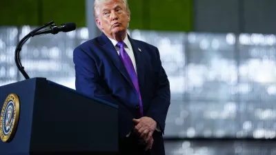 President Donald Trump pauses after a person in the crowd needed medical assistance as he speaks at Verst Logistics Wednesday, March 11, 2026, in Hebron, Ky. (AP Photo/Julia Demaree Nikhinson)