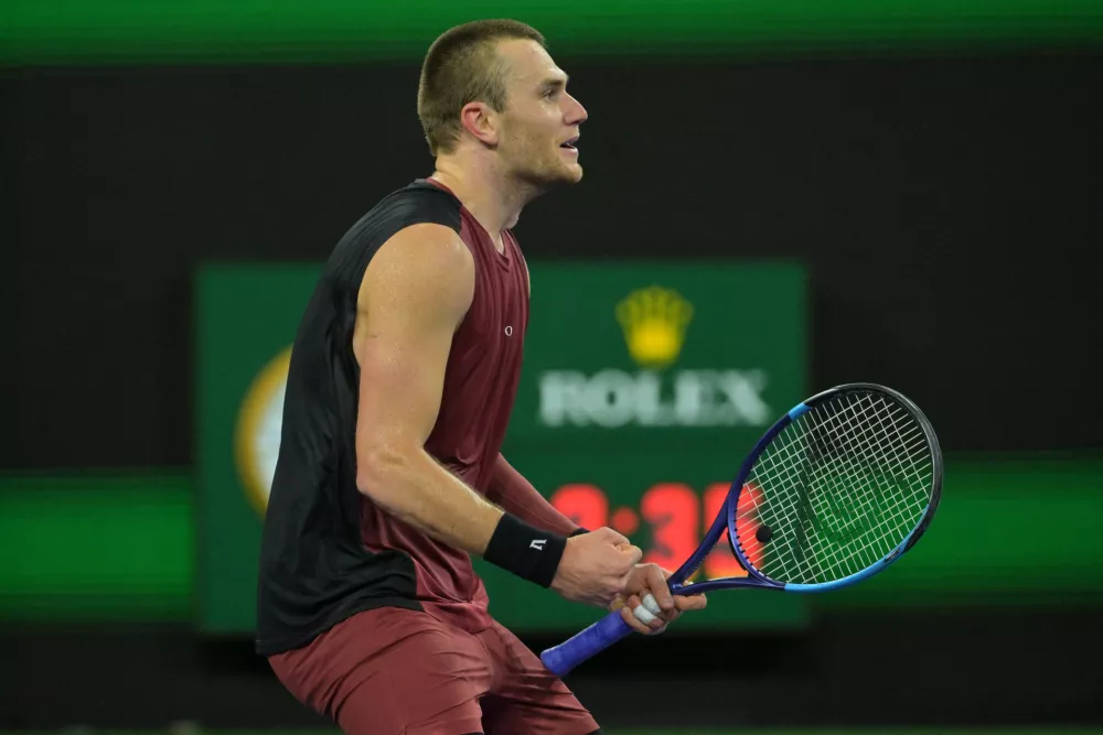 Mar 11, 2026; Indian Wells, CA, USA; Jack Draper (GBR) reacts at match point as he defeated Novak Djokovic (SRB) in the fourth round during the BNP Paribas Open at the Indian Wells Tennis Garden. Mandatory Credit: Jayne Kamin-Oncea-Imagn Images