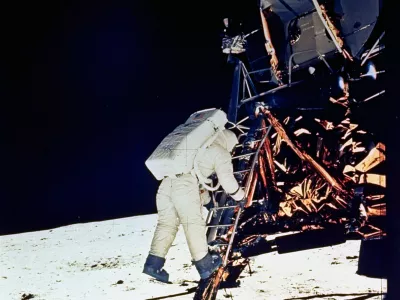 FILE - In this July 20, 1969 file photo, Astronaut Edwin E. Aldrin, Jr., lunar module pilot, descends steps of Lunar Module ladder as he prepares to walk on the moon. He had just egressed the Lunar Module. (AP Photo/NASA, file)