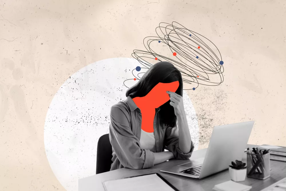 Trend artwork 3D photo collage sketch image of young sad stressed lady with headache burnout deadline overloaded tired work in office. / Foto: Deagreez