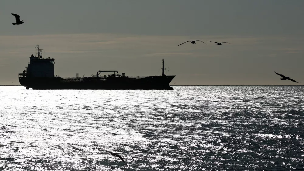 The silhouette of the oil and chemical tanker Habip Bayrak sails off the Gulf of Fos-sur-Mer, in Port-de-Bouc, France, March 12, 2026. REUTERS/Manon Cruz
