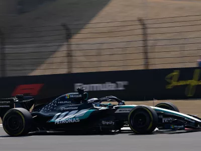 Mercedes driver George Russell of Britain steers his car during the first practice session ahead of the Chinese Formula One Grand Prix, in Shanghai, China, Friday, March 13, 2026. (AP Photo/Andy Wong)