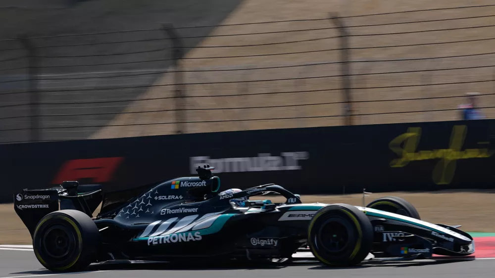 Mercedes driver George Russell of Britain steers his car during the first practice session ahead of the Chinese Formula One Grand Prix, in Shanghai, China, Friday, March 13, 2026. (AP Photo/Andy Wong)