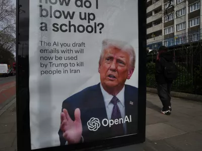 A poster featuring U.S. President Donald Trump, which was installed by protesters from the group 'Everyone hates Elon', is seen at a bus stop in London, Friday, March 13, 2026. (AP Photo/Kin Cheung)