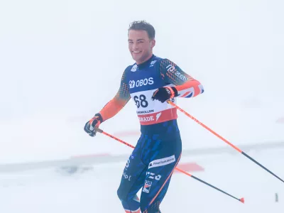 Britain's Gabriel Gledhill at the finish line under 50 km free cross-country skiing in the World Cup in Holmenkollen, Norway, Saturday March 14, 2026. (Christoffer Andersen/NTB via AP)