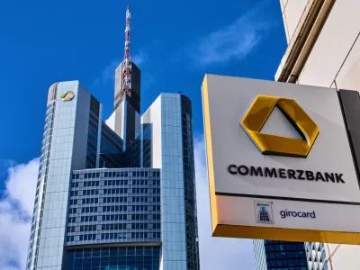 The Commerzbank is pictured in Frankfurt, Germany, Monday, March 16, 2026. (AP Photo/Michael Probst)