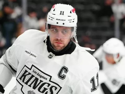 Feb 5, 2026; Las Vegas, Nevada, USA; Los Angeles Kings center Anze Kopitar (11) warms up before the start of a game against the Vegas Golden Knights at T-Mobile Arena. Mandatory Credit: Stephen R. Sylvanie-Imagn Images
