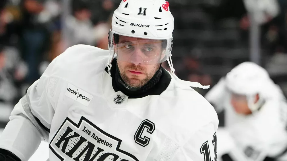 Feb 5, 2026; Las Vegas, Nevada, USA; Los Angeles Kings center Anze Kopitar (11) warms up before the start of a game against the Vegas Golden Knights at T-Mobile Arena. Mandatory Credit: Stephen R. Sylvanie-Imagn Images