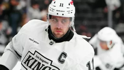 Feb 5, 2026; Las Vegas, Nevada, USA; Los Angeles Kings center Anze Kopitar (11) warms up before the start of a game against the Vegas Golden Knights at T-Mobile Arena. Mandatory Credit: Stephen R. Sylvanie-Imagn Images