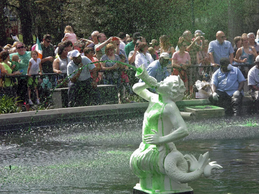 In this Friday, March 11, 2016 photo, a crowd watches as the cast-iron fountain in Forsyth Park sprays water dyed green less a week before the St. Patrick's Day parade in Savannah, Ga. While dying the fountains in Savannah's parks is a longstanding St. Patrick's Day tradition, many visitors believe the city dyes the Savannah River as well. That happened only once in 1961. (AP Photo/Russ Bynum)