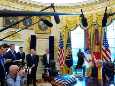 President Donald Trump speaks after signing an executive order regarding a task force on fraud in the Oval Office of the White House, Monday, March 16, 2026, in Washington. (AP Photo/Julia Demaree Nikhinson)