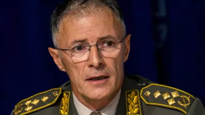 Serbian army chief-of-staff, Gen. Milan Mojsilovic speaks during a press conference in Belgrade, Serbia, Monday, Oct. 2, 2023. The Serbian army has cut nearly by a half the number of troops near the border with Kosovo, top officials said on Monday, also denying U.S. and other reports of a mass buildup in the wake of a shooting over a week ago that killed four people and raised fears of instability in the volatile region. (AP Photo/Darko Vojinovic)