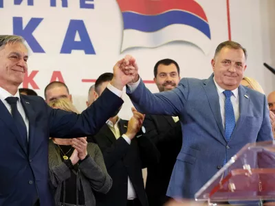 Milorad Dodik, former President of the Bosnian Serb Republic, and Sinisa Karan attend a press conference after preliminary results indicated Karan won a snap presidential election in Banja Luka, Bosnia and Herzegovina, November 23, 2025. REUTERS/Amel Emric