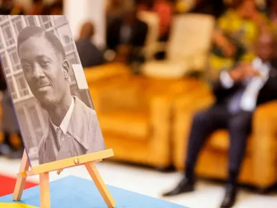 FILE PHOTO: A photo of the Democratic Republic of the Congo's first Prime Minister Patrice Emery Lumumba is pictured at a ceremony after the remains of PM Lumumba were symbolically handed over to the murdered leader's children and to an official delegation, in Brussels, Belgium June 21, 2022. REUTERS/Johanna Geron/File Photo