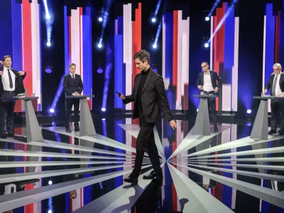 Vladimir Prebilič, Anže Logar, Matjaž Han, Miha Kordi&scaron;, Robert Golob, Luka Mesec- 19.02.2026 - Prvo soočenje predsednikov strank na RTV SLO - parlamentarne volitve 2026//FOTO: Jaka Gasar / Foto: Jaka Gasar