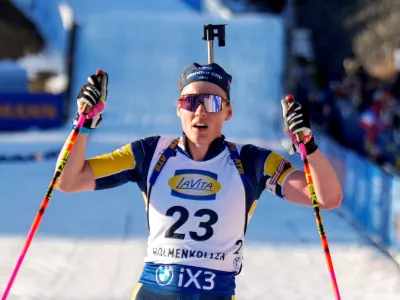 Biathlon - Biathlon World Cup - Women's 7.5km Sprint - Oslo Holmenkollen,&nbsp;Norway - March 19, 2026 Sweden's Hanna Oberg celebrates during the women's 7.5km sprint Heiko Junge/NTB via REUTERS  ATTENTION EDITORS - THIS IMAGE WAS PROVIDED BY A THIRD PARTY. NORWAY OUT. NO COMMERCIAL OR EDITORIAL SALES IN NORWAY.