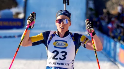 Biathlon - Biathlon World Cup - Women's 7.5km Sprint - Oslo Holmenkollen, Norway - March 19, 2026 Sweden's Hanna Oberg celebrates during the women's 7.5km sprint Heiko Junge/NTB via REUTERS  ATTENTION EDITORS - THIS IMAGE WAS PROVIDED BY A THIRD PARTY. NORWAY OUT. NO COMMERCIAL OR EDITORIAL SALES IN NORWAY.