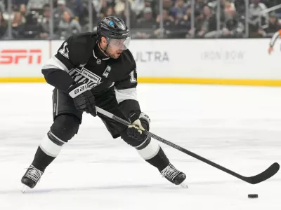 Los Angeles Kings center Anze Kopitar skates during the second period of an NHL hockey game against the New York Islanders, Thursday, March 5, 2026, in Los Angeles. (AP Photo/Mark J. Terrill)
