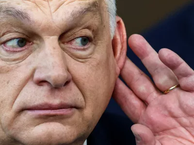 Hungarian Prime Minister Viktor Orban gestures as he speaks to the press upon his arrival for a European Union leaders' summit in Brussels, Belgium, March 19, 2026. REUTERS/Yves Herman TPX IMAGES OF THE DAY