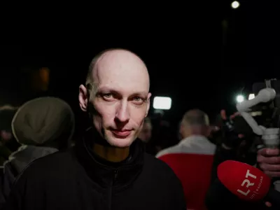 A prisoner released from Belarus, Eduard Palchys, speaks to the media after arriving in Vilnius, Lithuania, March 19, 2026. REUTERS/Janis Laizans
