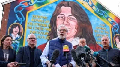 Former Sinn Fein president Gerry Adams speaks in front of a Bobby Sands mural at a press conference in Belfast as a High Court lawsuit against Adams over IRA bombings has been withdrawn by claimants, in Belfast, Northern Ireland, March 20, 2026. REUTERS/Cathal McNaughton REFILE - ADDING INFORMATION
