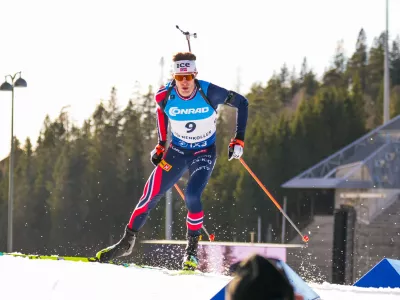 Sturla Holm L&aelig;greid competes in the Biathlon men's World Cup 10 km sprint, in Holmenkollen, Norway, Friday, March 20, 2026. (Heiko Junge/NTB Scanpix via AP)
