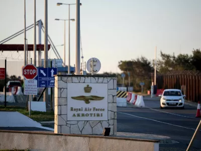 The entrance of RAF Akrotiri, a British sovereign base in Cyprus, which was hit by an unmanned drone overnight, causing limited damage, Cyprus March 2, 2026. REUTERS/Yiannis Kourtoglou