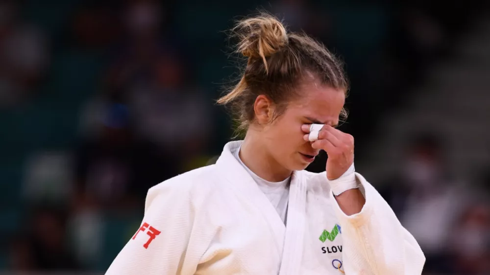 Tokyo 2020 Olympics - Judo - Women's 57kg - Bronze medal match - Nippon Budokan - Tokyo, Japan - July 26, 2021. Kaja Kajzer of Slovenia reacts after losing REUTERS/Annegret Hilse