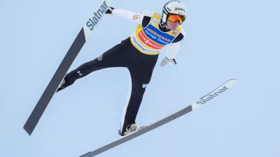 Domen Prevc from Slovenia competes in the men's large hill jump in the World Cup in Holmenkollen, outskirts of Oslo, Norway, Saturday, March 14, 2026. (Terje Pedersen/NTB Scanpix via AP)