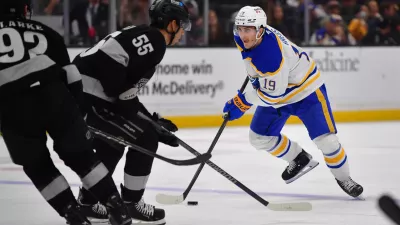 Mar 21, 2026; Los Angeles, California, USA; Buffalo Sabres center Peyton Krebs (19) moves the puck against the Los Angeles Kings during the third period at Crypto.com Arena. Mandatory Credit: Gary A. Vasquez-Imagn Images