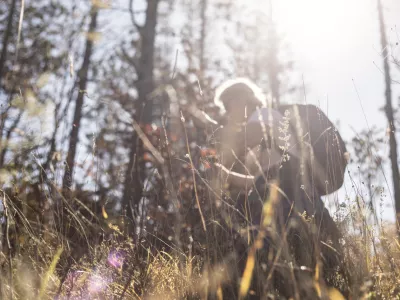 Mature Woman Hiking in Forest Alone.
