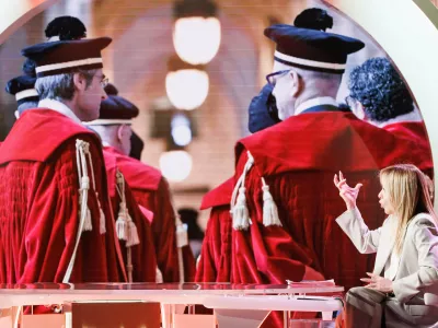Italian premier Giorgia Meloni speaks about the upcoming referendum on a judicial reform during the RAI state television program Cinque minuti (Five Minutes), in Rome, Friday, March 20, 2026. (Roberto Monaldo /LaPresse via AP)