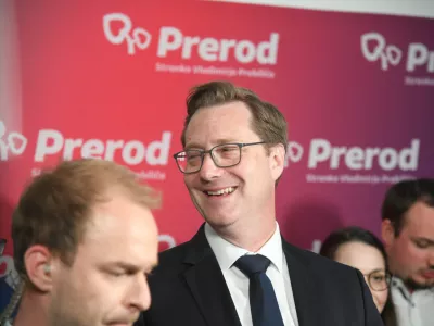 Ljubljana, prostori stranke.Volitve v drzavni zbor 2026.Stab stranke Prerod Vladimirja Prebilica v pricakovanju rezultatov volitev.Izjava predsednika stranke Vladimirja Prebilica po zaprtju volisc.