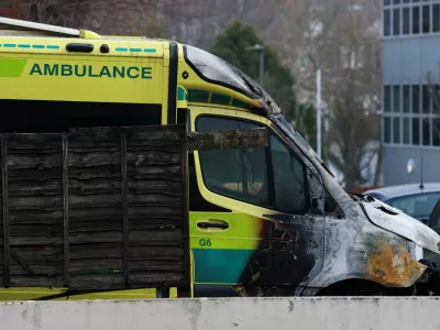 A damaged ambulance, among the four ambulances belonging to Hatzola, a Jewish community organisation, that were set on fire in an incident that the police say is being treated as an antisemitic hate crime, in northwest London, Britain, March 23, 2026. REUTERS/Hannah McKay