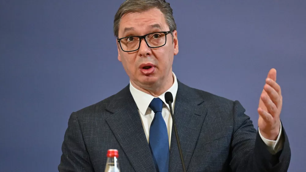FILED - 07 February 2024, Serbia, Belgrad: Aleksandar Vucic, President of Serbia, speaks during a press conference in Berlin. Photo: Soeren Stache/dpa / Foto: Soeren Stache