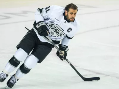 Mar 24, 2026; Calgary, Alberta, CAN; Los Angeles Kings center Anze Kopitar (11) skates during the warmup period against the Calgary Flames at Scotiabank Saddledome. Mandatory Credit: Sergei Belski-Imagn Images