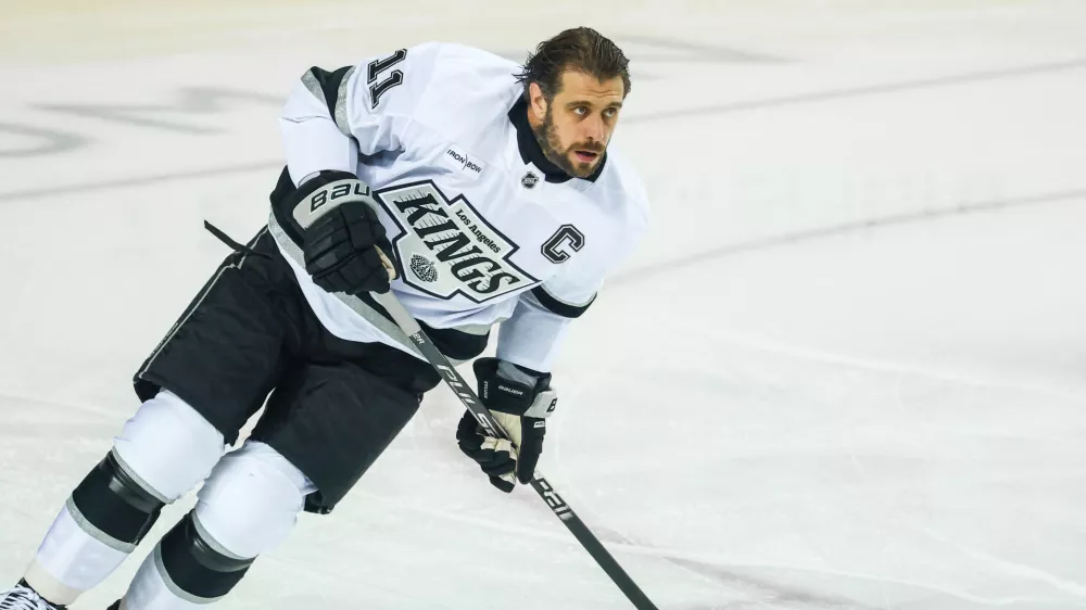 Mar 24, 2026; Calgary, Alberta, CAN; Los Angeles Kings center Anze Kopitar (11) skates during the warmup period against the Calgary Flames at Scotiabank Saddledome. Mandatory Credit: Sergei Belski-Imagn Images