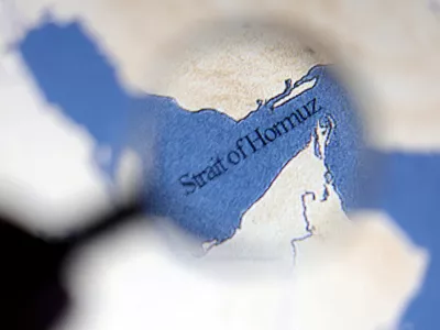 FILE PHOTO: A map showing the Strait of Hormuz is seen in this illustration taken June 22, 2025. REUTERS/Dado Ruvic/Illustration/File Photo