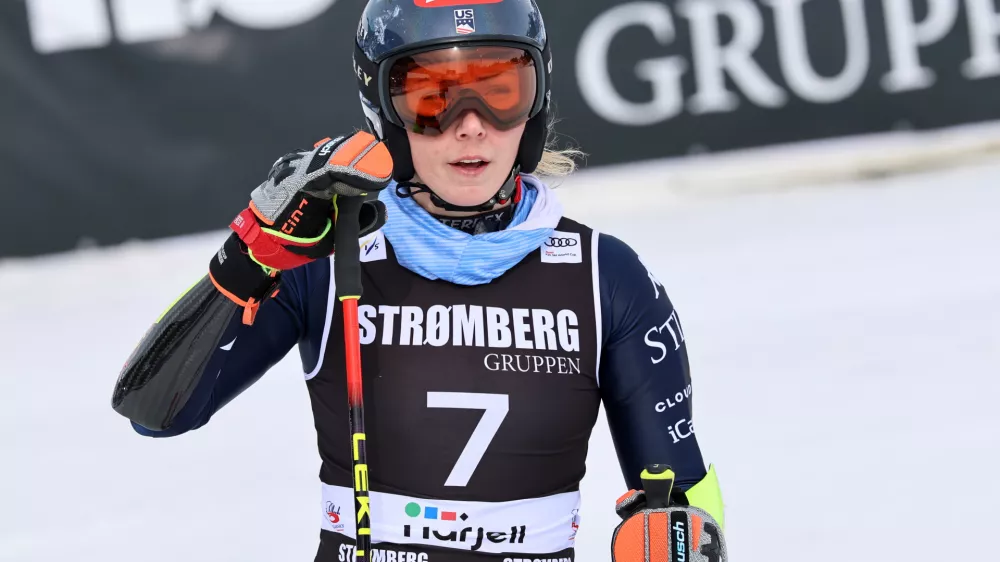 United States' Mikaela Shiffrin at the finish area of an alpine ski, women's giant slalom race, at the Lillehammer World Cup Finals, in Hafjell, Norway, Wednesday, March 25, 2026. (AP Photo/Marco Trovati)