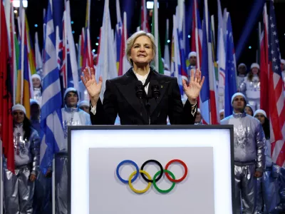 FILE - IOC President Kirsty Coventry speaks during the Olympic opening ceremony at the 2026 Winter Olympics, in Milan, Italy, Friday, Feb. 6, 2026. (Yves Herman/Pool Photo via AP, File)