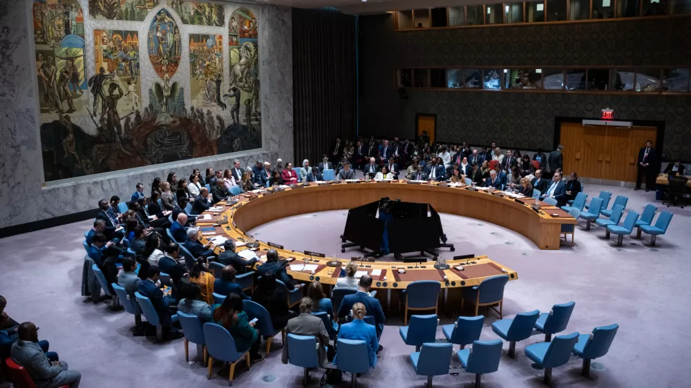 Melania Trump, first lady of the United States, presides over the United Nations Security Council at United Nations headquarters, Monday, March 2, 2026. (AP Photo/Angelina Katsanis)